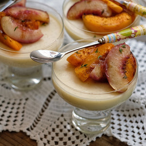 Lavender and White Chocolate Panna Cotta with Roasted Stone Fruits