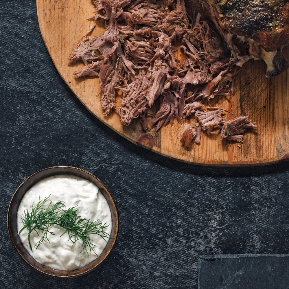 Pulled Leg of Lamb with Tzatziki