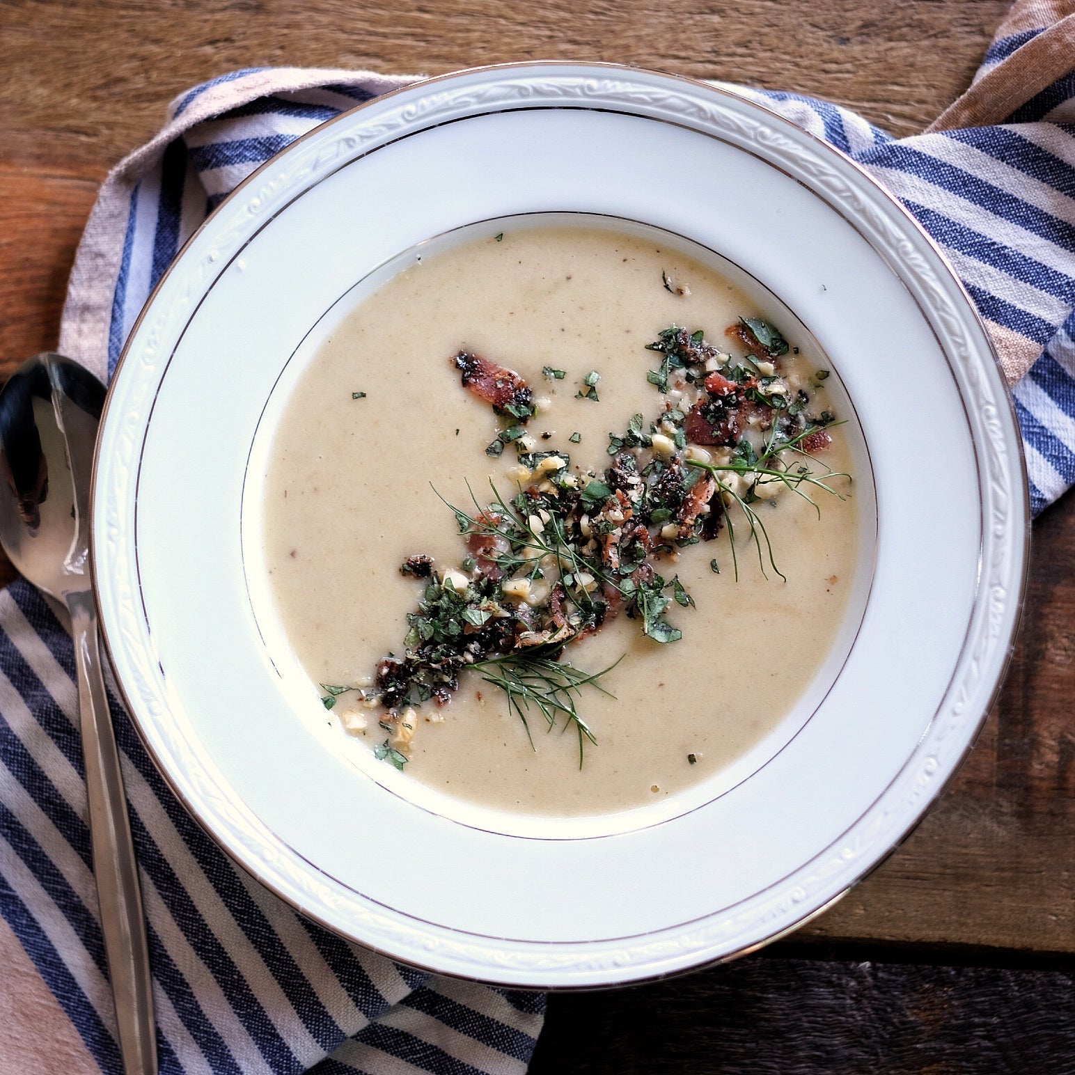 Cream of Fennel Soup with Hazelnut Bacon Gremolata